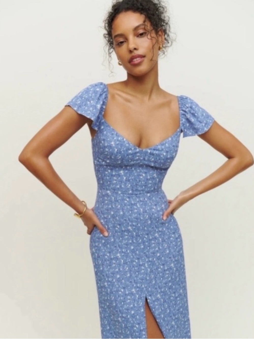 Reformation Blue Floral Midi Dress with Puff Sleeves